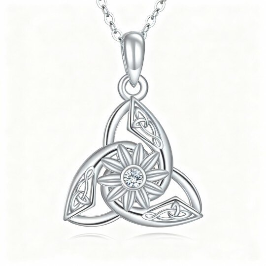10K White Gold Cubic Zirconia & Personalized Birthstone Wildflowers & Celtic Knot & Celtic Spiral Knot Pendant Necklace