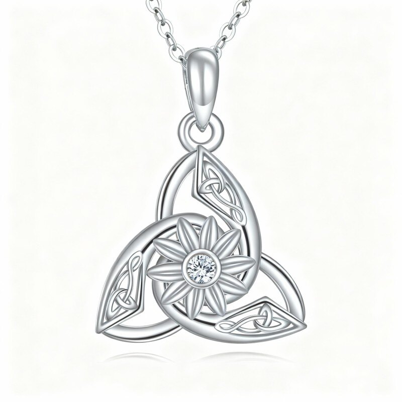 Collar con colgante de oro blanco de 10 quilates con circonitas cúbicas, piedra natal personalizada, flores silvestres, nudo celta y nudo espiral celta.-8
