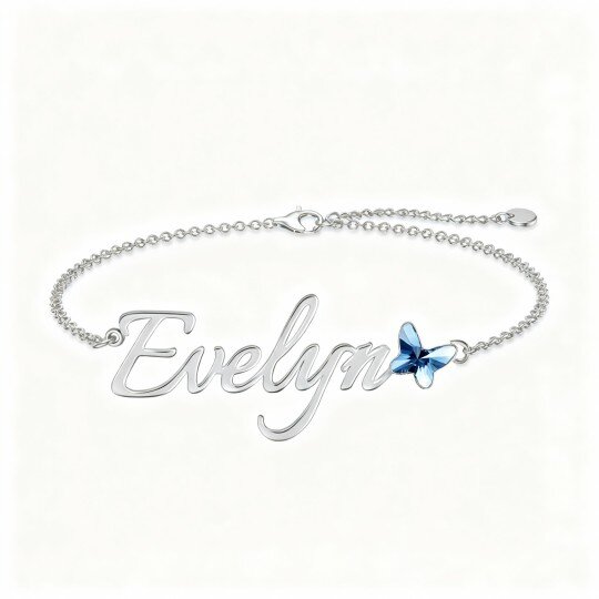 Pulseira em ouro branco de 10 quilates com pendente de borboleta clássico personalizado com nome.