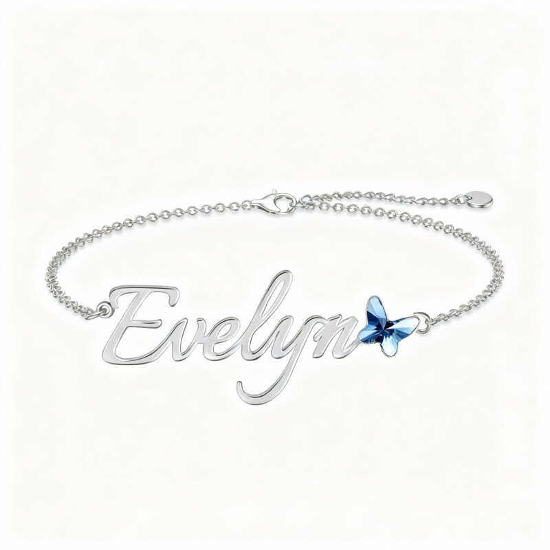Platin-Armband mit Weißgold-Beschichtung und personalisiertem Namens-Schmetterlingsanhänger-1