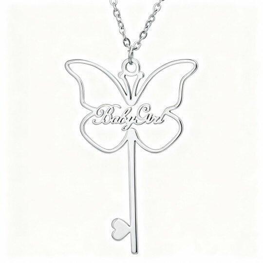 Colar com pendente de borboleta clássico personalizado com nome em ouro branco 9K