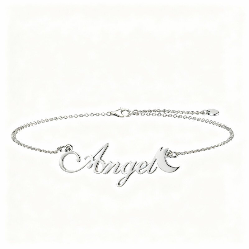 Pulsera de platino con dije clásico personalizado con nombre, chapada en oro blanco-1