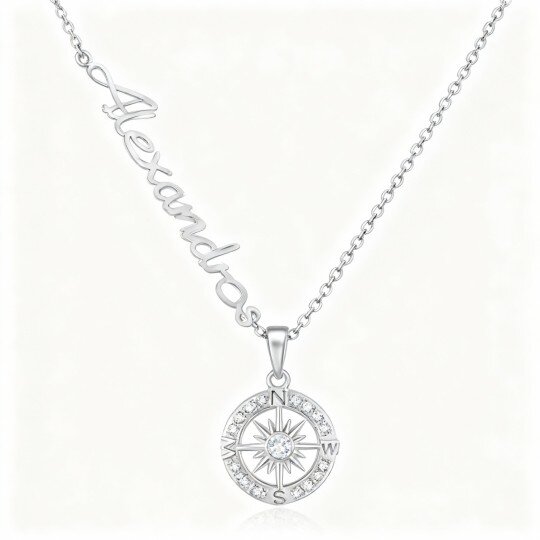 10K White Gold Cubic Zirconia Personalized Classic Name & Compass Pendant Necklace