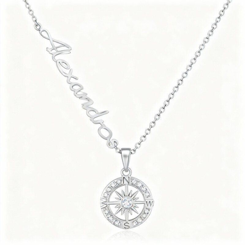 10K White Gold Cubic Zirconia Personalized Classic Name & Compass Pendant Necklace-1
