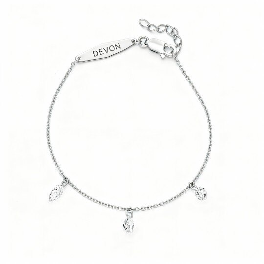 Personalisiertes Armband aus 10-karätigem Weißgold mit Zirkonia, klassischem Namen und tropfenförmigem Anhänger