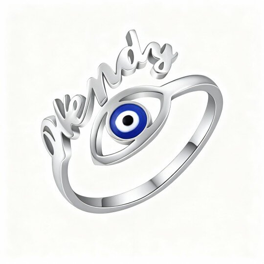 Anel clássico personalizado com nome e olho grego em ouro branco 10K