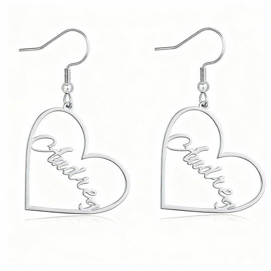 10K White Gold Personalized Classic Name & Heart Drop Earrings