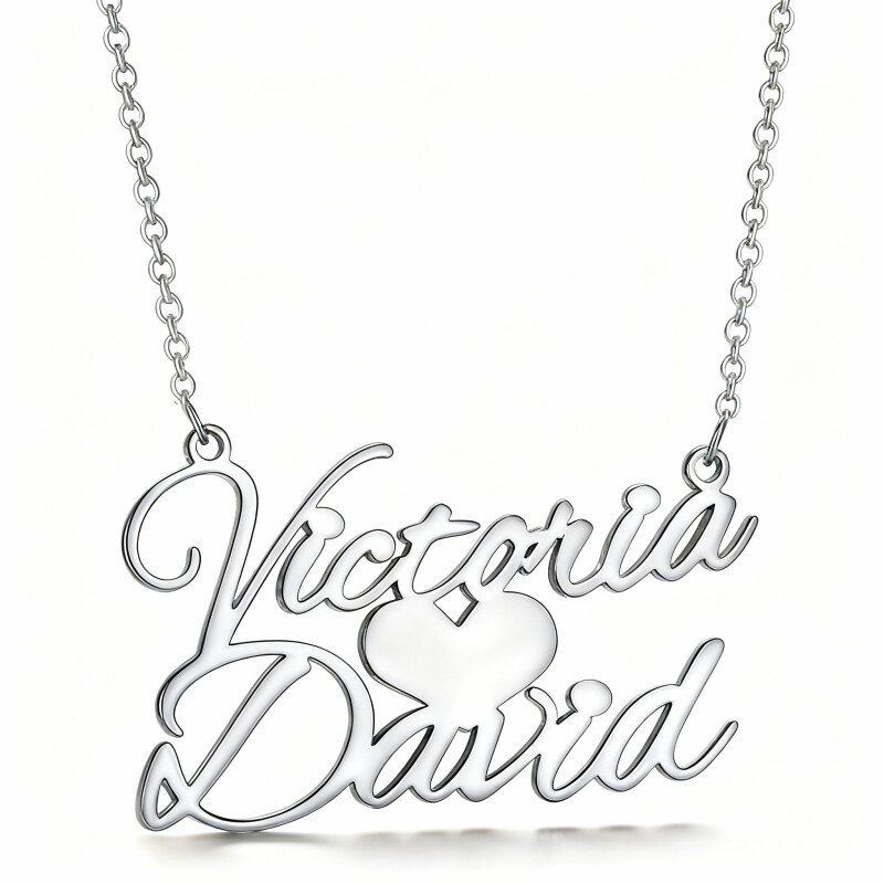 10K White Gold Personalized Classic Name & Heart Pendant Necklace-1