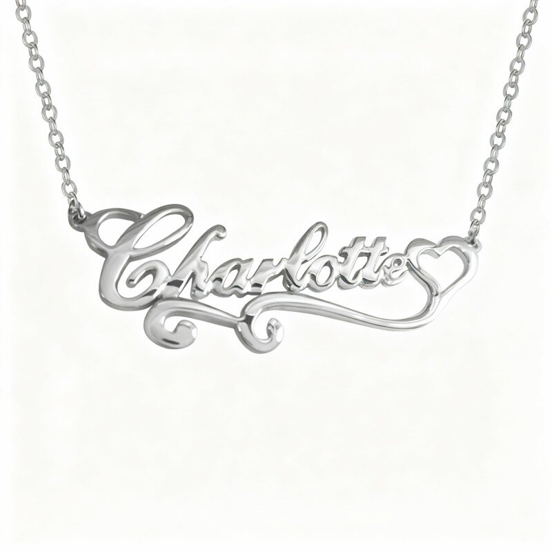10K White Gold Personalized Classic Name & Heart Pendant Necklace-1
