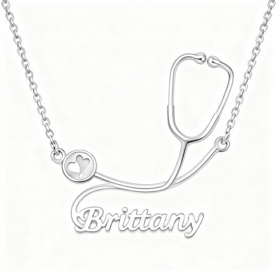 10K White Gold Personalized Classic Name & Heart & Stethoscope Pendant Necklace