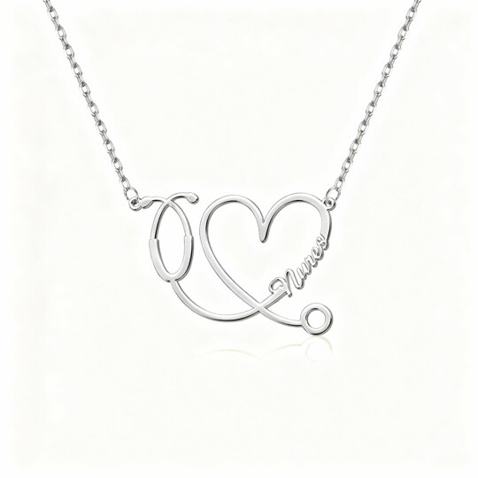 10K White Gold Personalized Classic Name & Heart & Stethoscope Pendant Necklace