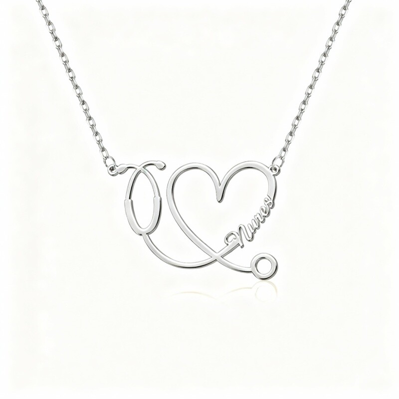 14K White Gold Personalized Classic Name & Heart & Stethoscope Pendant Necklace-1
