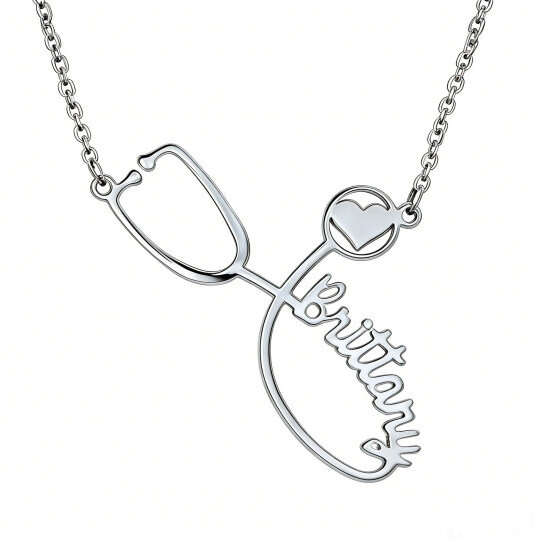 10Kホワイトゴールド パーソナライズ クラシック ネーム＆ハート＆聴診器ペンダントネックレス