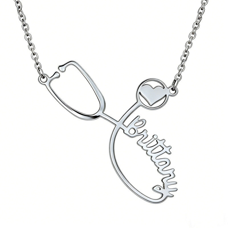 Personalisierte Halskette aus 14-karätigem Weißgold mit Namens-, Herz- und Stethoskopanhänger-1