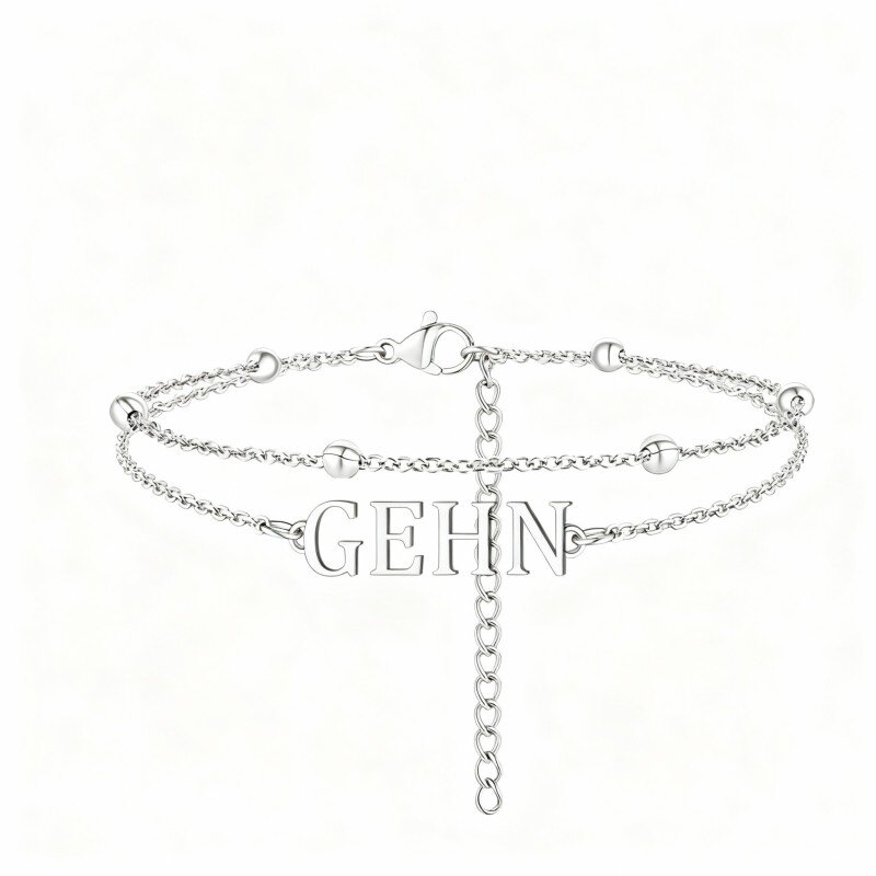 Bracelet de cheville à breloques multicouches en or blanc 10 carats, personnalisé avec un nom classique-1