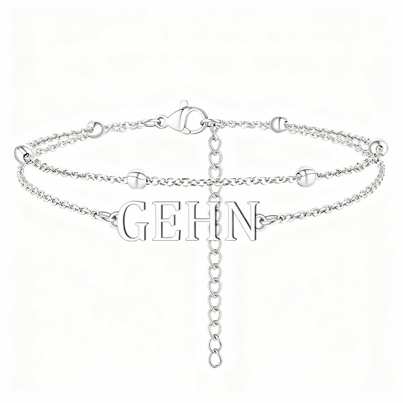 Tobillera de oro blanco de 10 quilates con dije clásico personalizado de varias capas y nombre-1