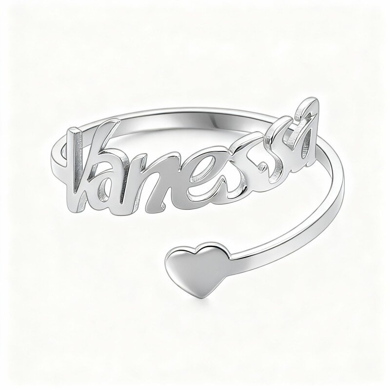 Anillo clásico abierto personalizado con nombre en oro blanco de 10 quilates-1