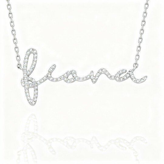 Colar com Pendente Clássico Personalizado com Nome em Ouro Branco 10K e Zircónia Cúbica