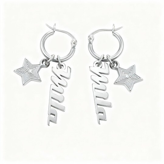 10Kホワイトゴールド パーソナライズ クラシックネーム＆ペンタグラム ドロップイヤリング