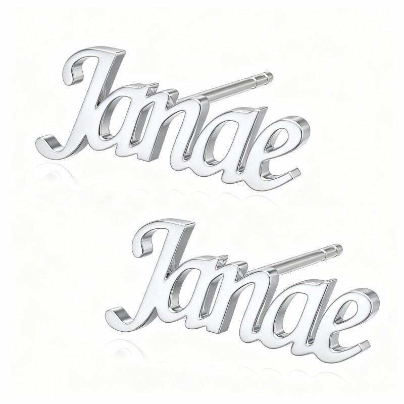 Boucles d'oreilles puces classiques personnalisées avec nom en or blanc 10 carats-17