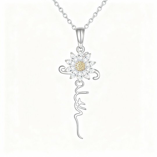 10K White Gold Cubic Zirconia & Personalized Classic Name Sunflower Pendant Necklace