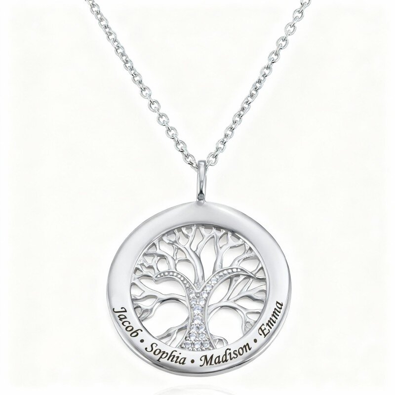 14K White Gold Cubic Zirconia & Personalized Classic Name Tree Of Life Pendant Necklace-1