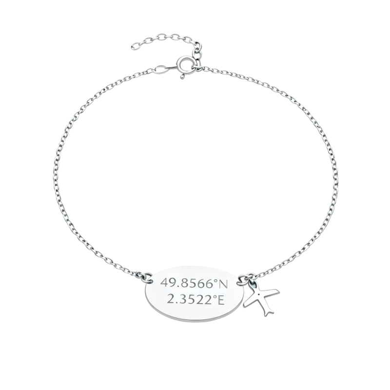 Pulsera con dije de avión y grabado personalizado en oro blanco de 10 quilates-1