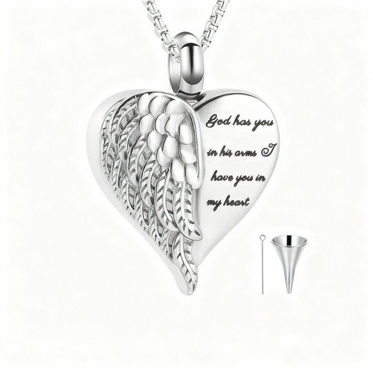 10K White Gold Personalized Engraving & Angel Wing & Heart Urn Necklace for Ashes