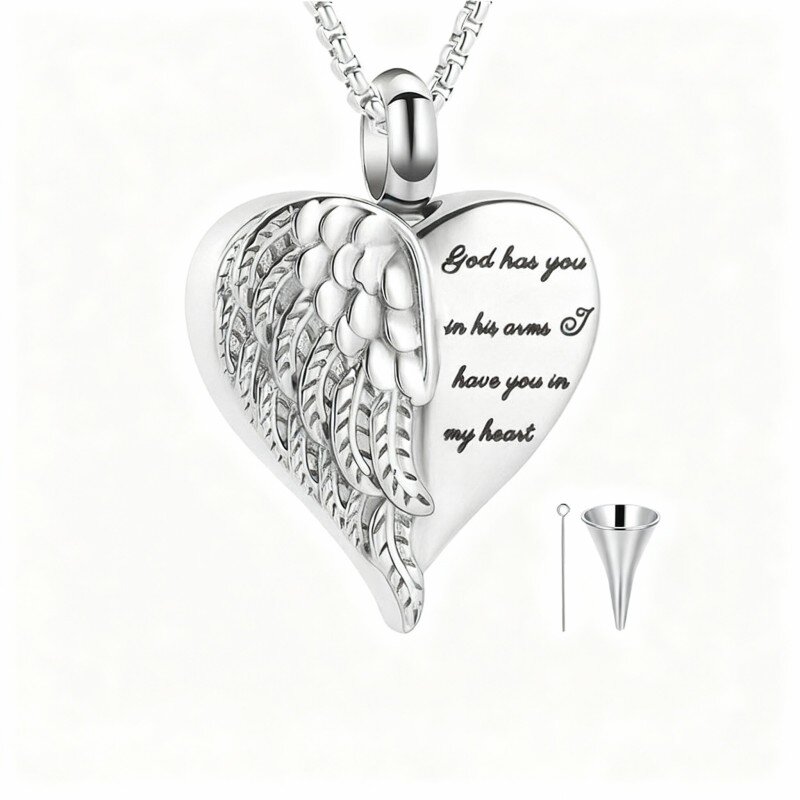 14K White Gold Personalized Engraving & Angel Wing & Heart Urn Necklace for Ashes-1
