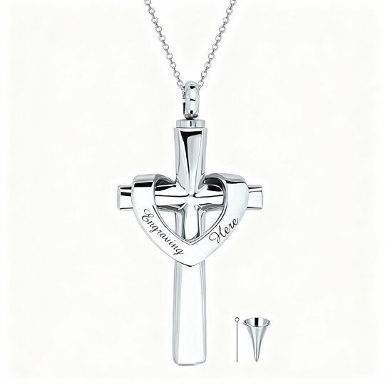 10K White Gold Personalized Engraving & Cross & Heart Urn Necklace for Ashes