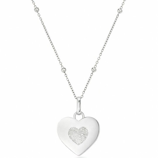 9K White Gold Personalized Engraving & Personalized Fingerprint & Heart Pendant Necklace
