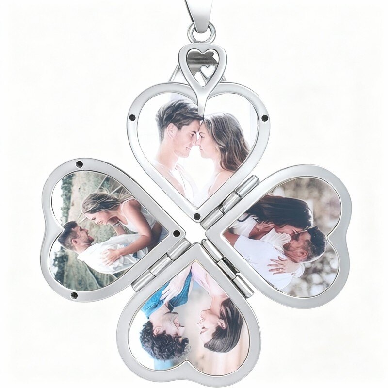 Collar con medallón personalizado de oro blanco de 10 quilates, trébol de cuatro hojas, foto y corazón, con grabado personalizado.-1