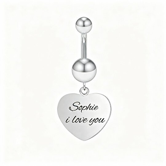 10K White Gold Personalized Engraving & Heart Belly Button Ring