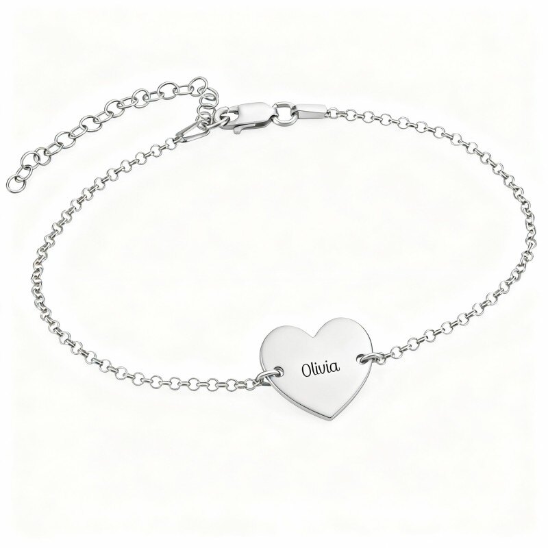 Pulsera de oro blanco de 18 quilates con grabado personalizado y dije de corazón-1