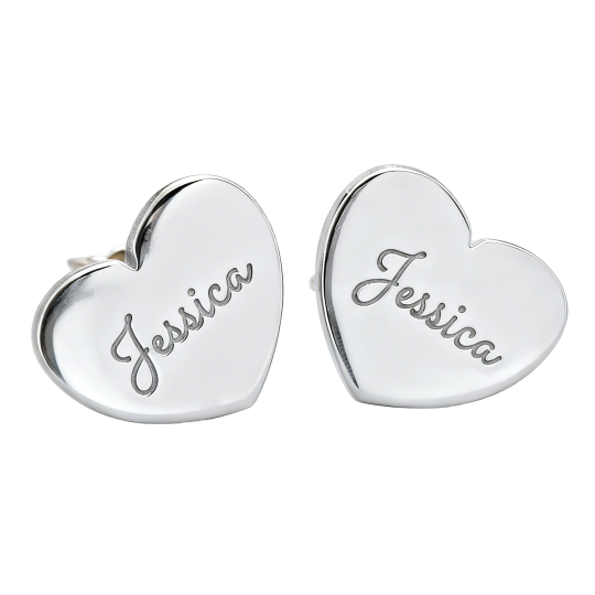 Pendientes de botón con forma de corazón y grabado personalizado en oro blanco de 10 quilates
