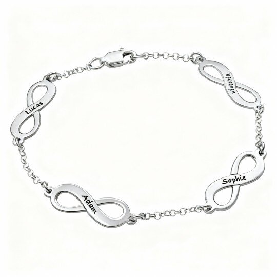 Pulseira em ouro branco 10K com gravação personalizada e pendente com símbolo do infinito.