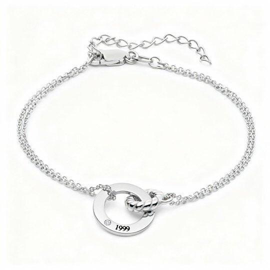 Armband aus 10-karätigem Weißgold mit Zirkonia, personalisierter Gravur, Schloss und rundem Anhänger