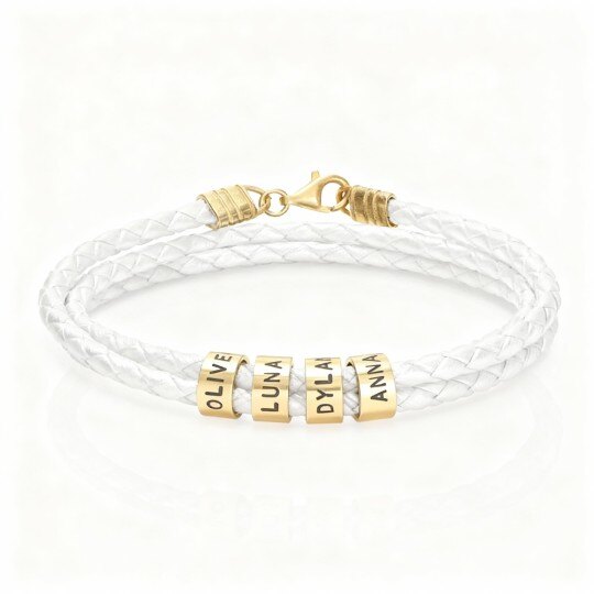 Bracelet en or blanc 10 carats avec perles métalliques gravées et personnalisées pour homme