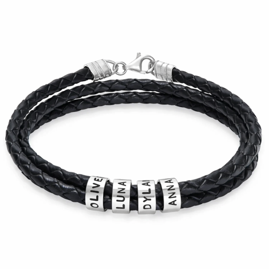 10Kホワイトゴールド パーソナライズ彫刻メタルビーズブレスレット（メンズ）