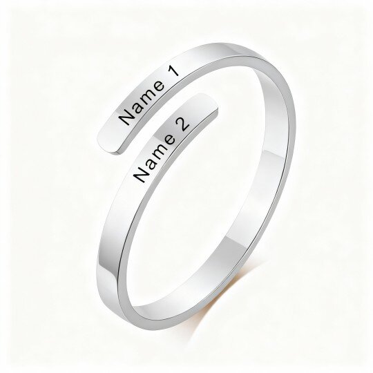 Anel aberto com gravação personalizada em ouro branco 10K