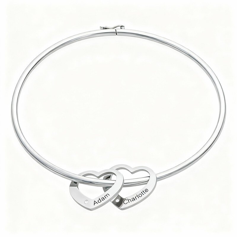 14K White Gold Cubic Zirconia Personalized Engraving Pendant Bangle Bracelet-1