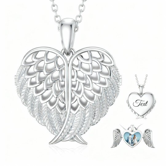 10K White Gold Personalized Engraving & Personalized Photo & Angel Wing & Heart Personalized Photo Locket Necklace
