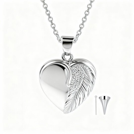 10K White Gold Personalized Engraving & Personalized Photo & Angel Wing & Heart Urn Necklace for Ashes