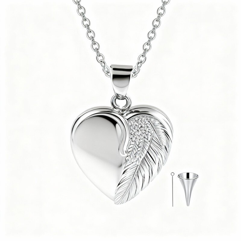 10K White Gold Personalized Engraving & Personalized Photo & Angel Wing & Heart Urn Necklace for Ashes-4