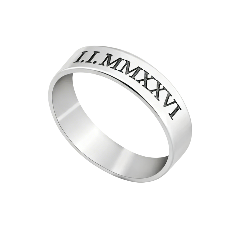 Bague en or blanc 10 carats avec gravure personnalisée et chiffres romains-1