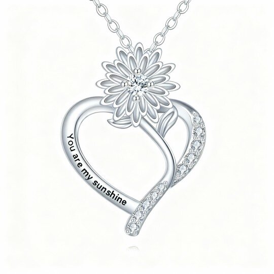 10K White Gold Cubic Zirconia & Personalized Engraving Sunflower & Heart Pendant Necklace with Engraved Word