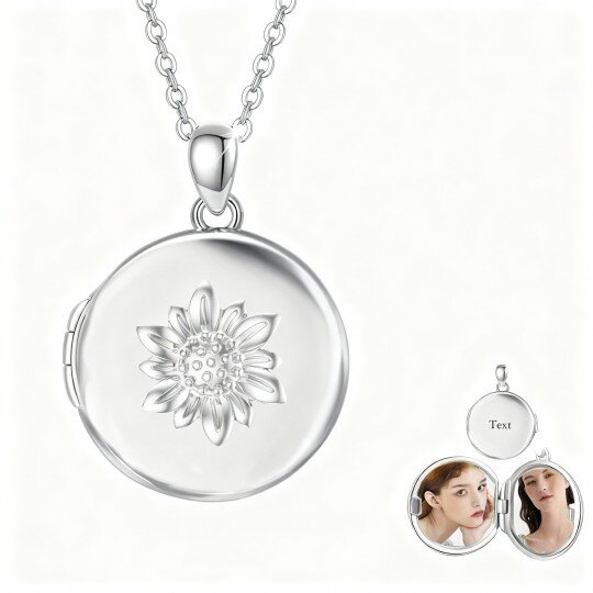 10K White Gold & Personalized Engraving Sunflower & Personalized Photo Personalized Photo Locket Necklace