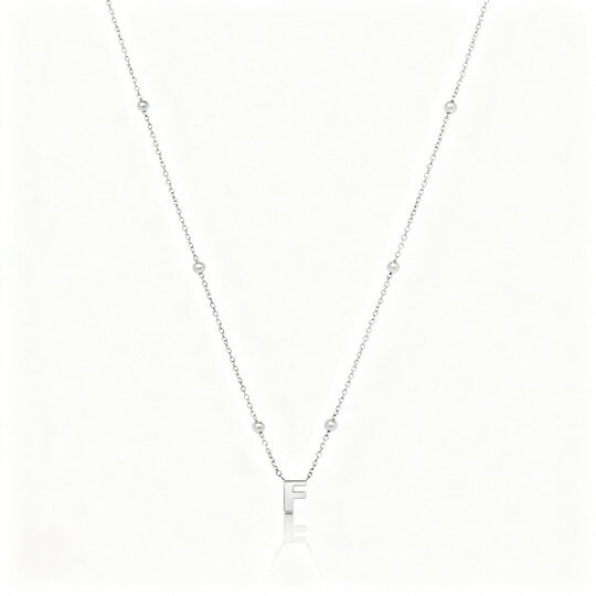 10K White Gold Personalized Initial Letter & Bead Pendant Necklace