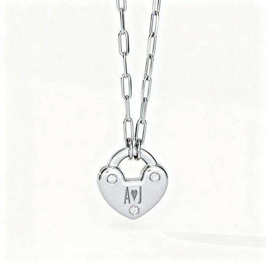 10K White Gold Cubic Zirconia Personalized Initial Letter & Heart Pendant Necklace