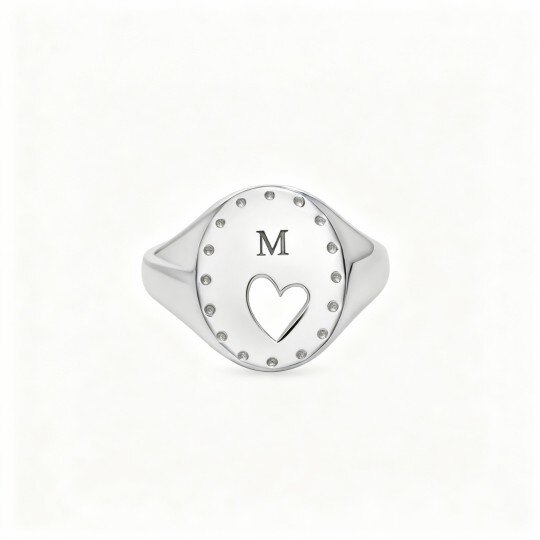 10K White Gold Personalized Initial Letter & Heart Ring